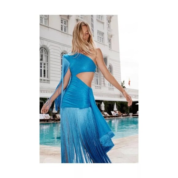 PatBO One Shoulder Fringe Maxi Dress in Cobalt Blue 2 New Womens Long Gown - Picture 12 of 16